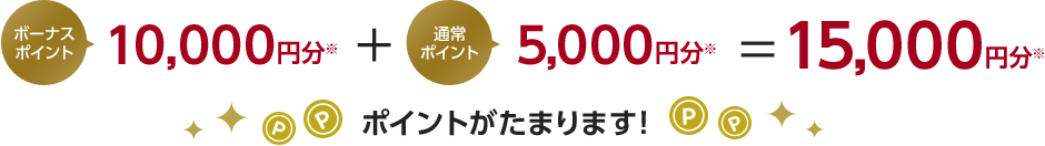 ボーナスポイント10,000円分※＋通常ポイント5,000円分※＝15,000円分※ポイントがたまります！