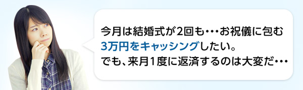 今月は結婚式が2回も・・・お祝儀に包む3万円をキャッシングしたい。でも、来月1度に返済するのは大変だ・・・