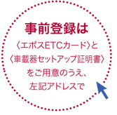 事前登録は<エポスETCカード>と<車載器セットアップ証明書>をご用意のうえ、左記アドレスで